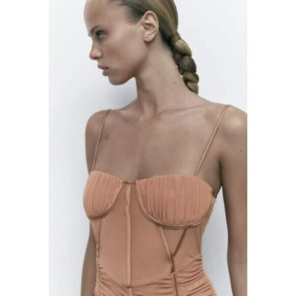 NWOT Zara dusty rose ruched tulle corset mini dress XS - Picture 4 of 16